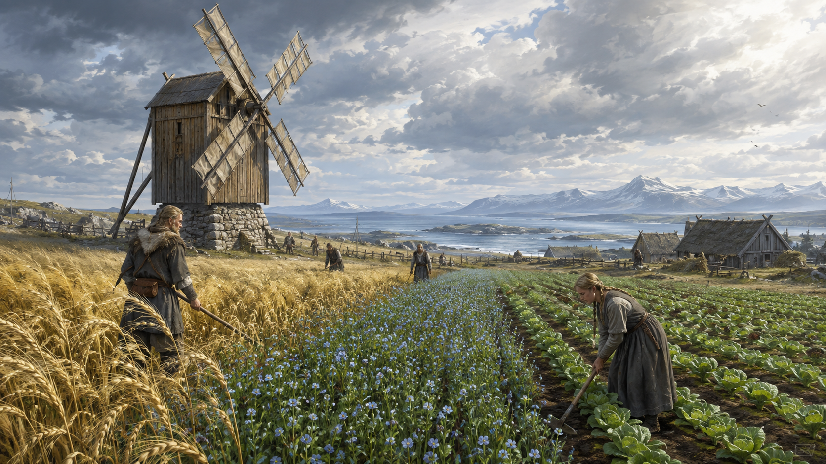 Rows of barley and flax beside a windmill on open plains