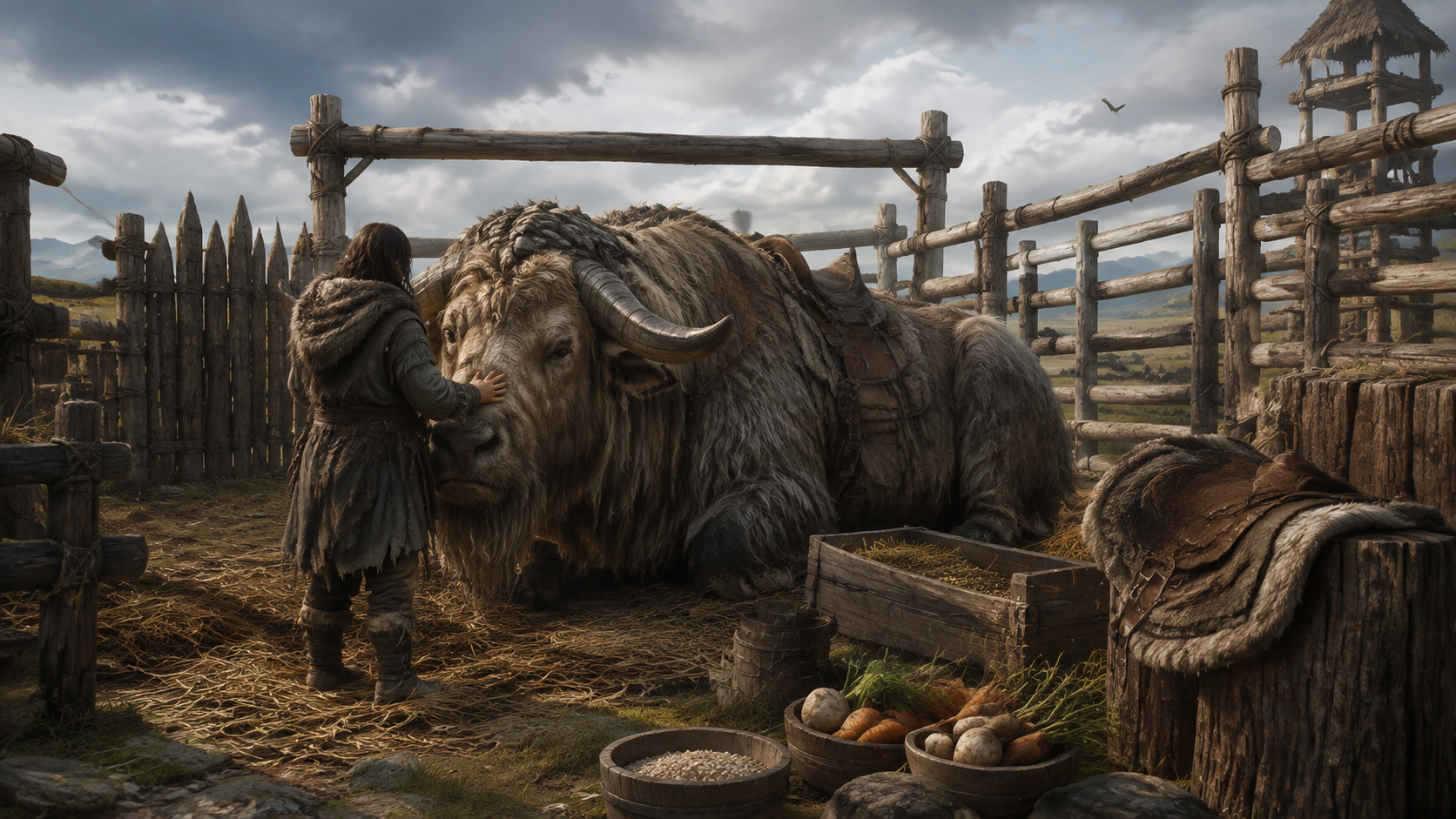 Original survivor taming a large plains animal in a timber pen