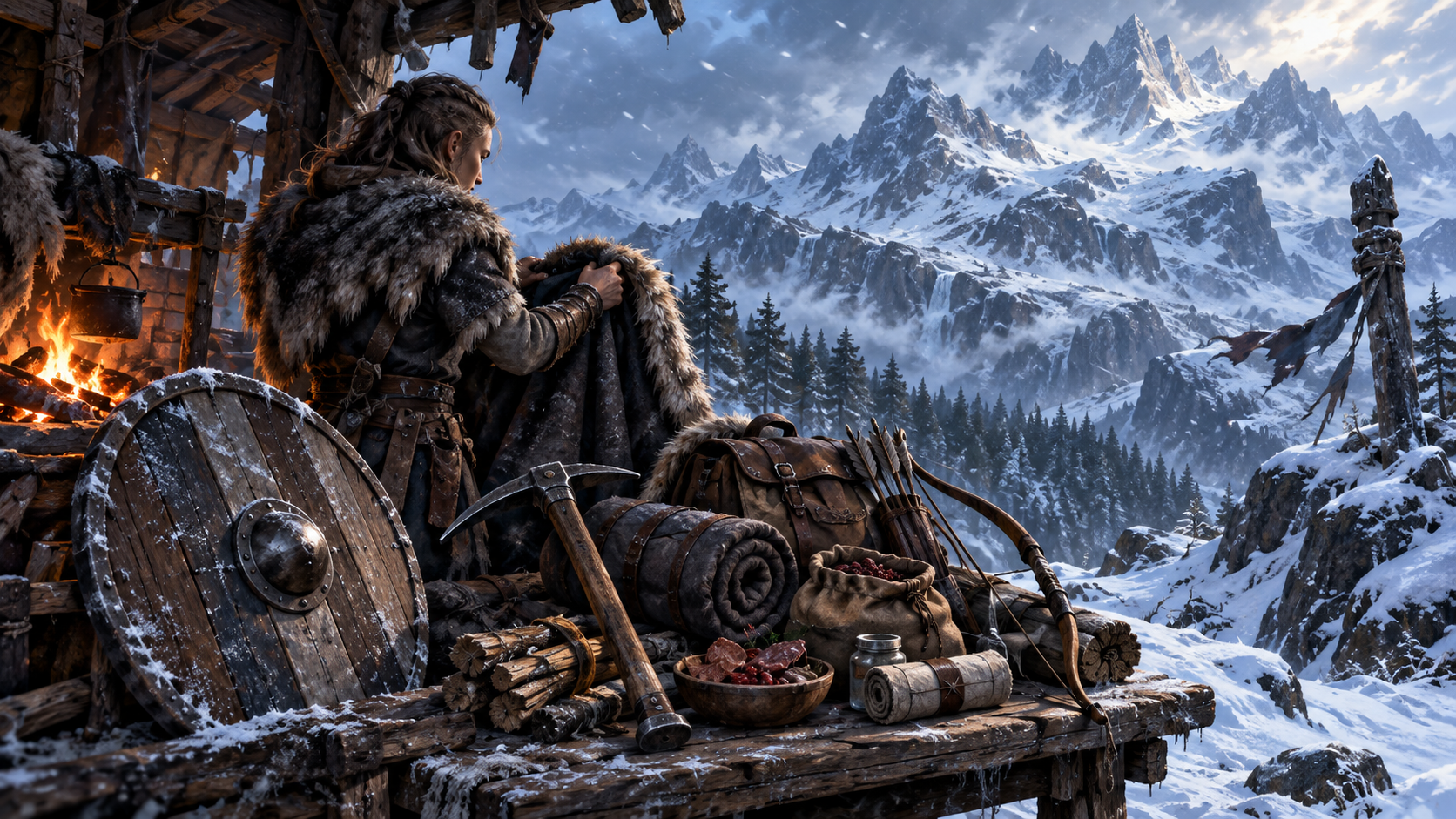A survivor checking gear at the foot of a snow-covered mountain