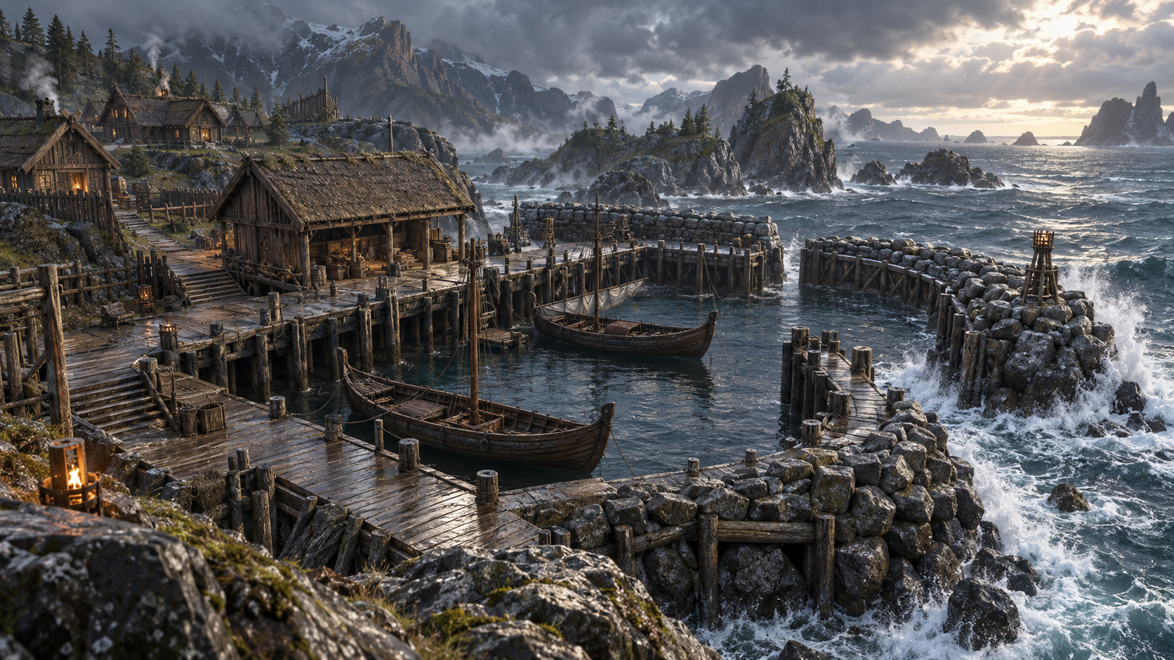 Original northern dock with breakwaters and boat storage