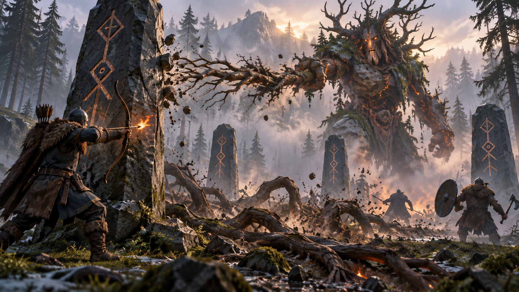 A Viking archer uses a rune pillar for cover while firing at a giant tree guardian.