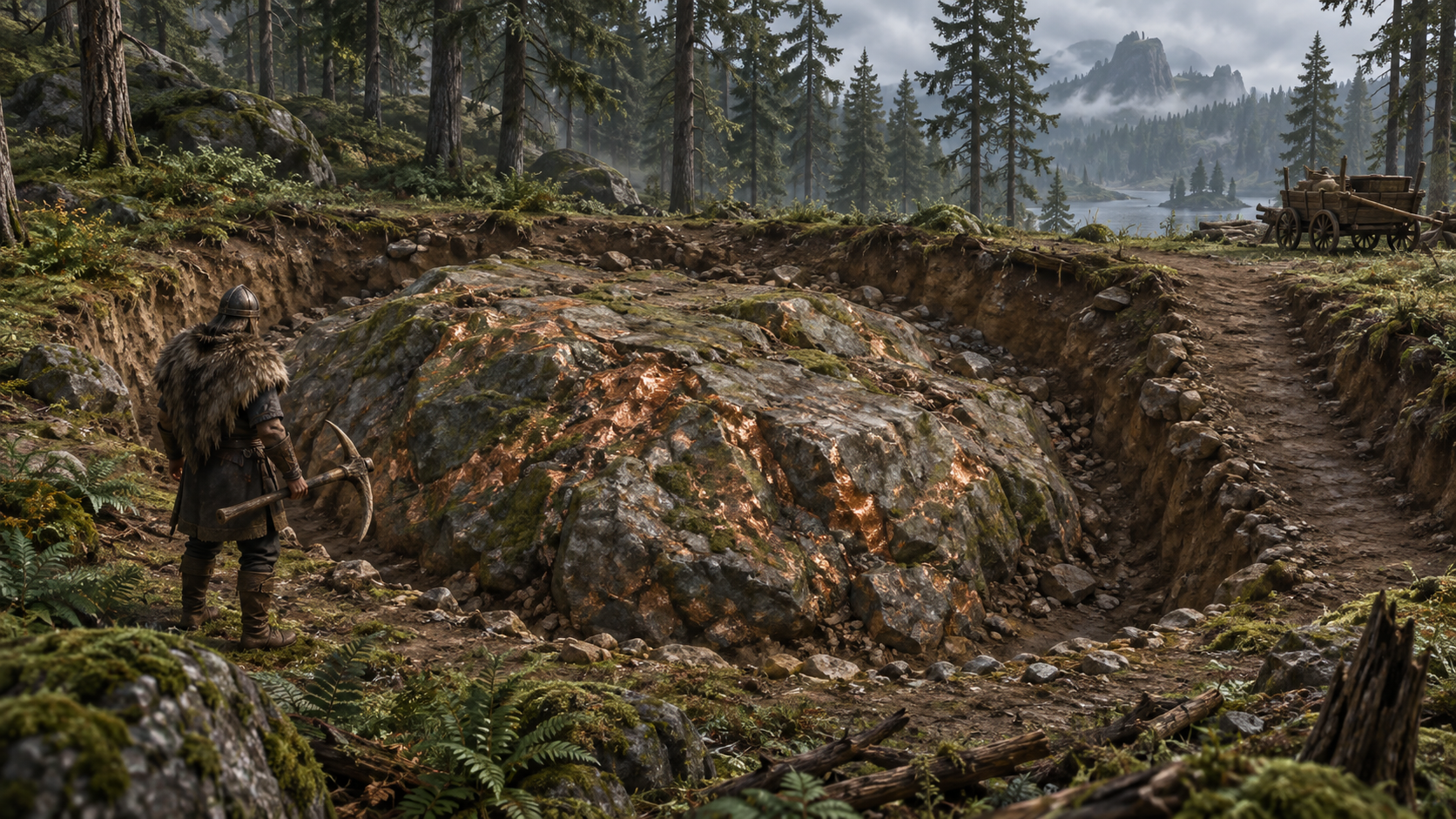 Illustration of a copper outcrop partly excavated in a forest, with a sloped exit from the trench.